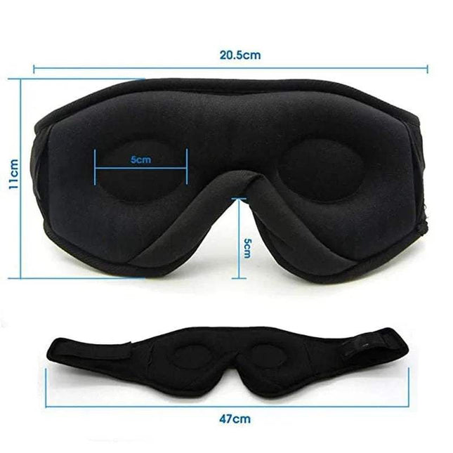 Black Bluetooth Eye Mask with Music Function with measurements on a white background