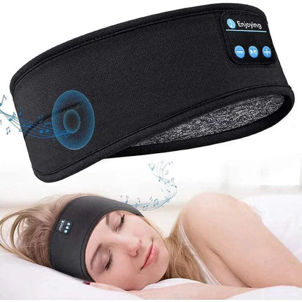 Black Bluetooth Headscarf Music with Bluetooth connectivity on a white background, worn by a person.