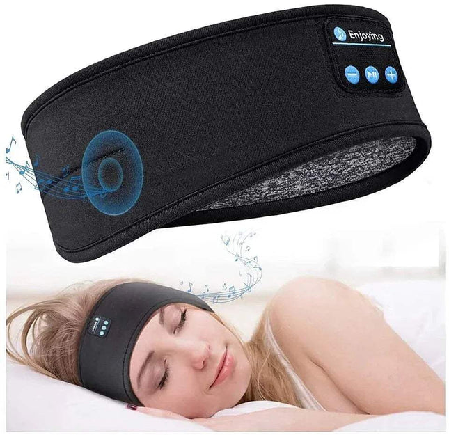 Black Bluetooth Headscarf Music with Bluetooth connectivity on a white background, worn by a person.