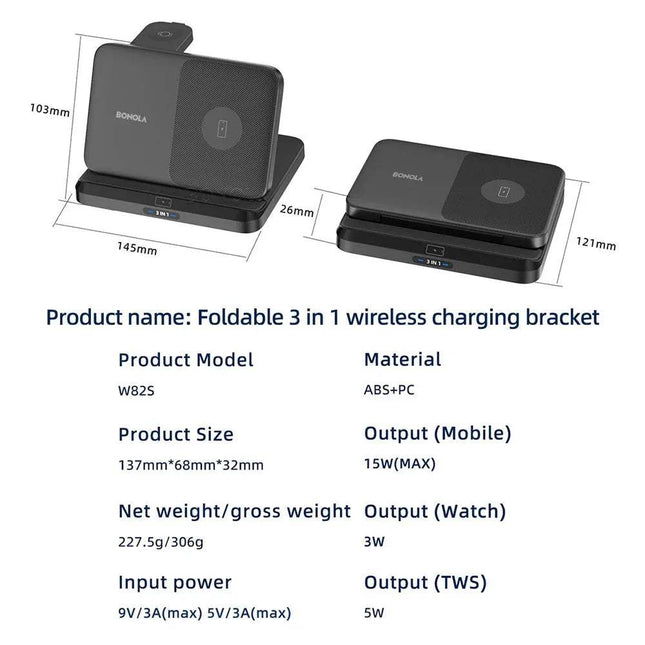 Bonola 3-in-1 Foldable Wireless Charger for Samsung Galaxy Devices with dimensions and specifications on a white background