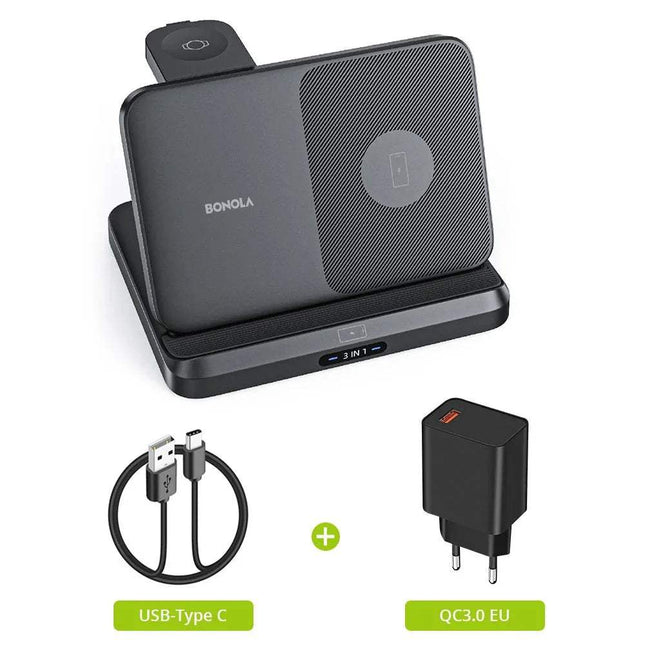 Black Bonola 3-in-1 Foldable Wireless Charger for Samsung Galaxy Devices with USB cable, and power adapter on a white background