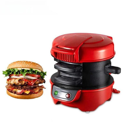 Burger Maker Machine next to a delicious homemade burger on a white background. Astoria Lifestyle