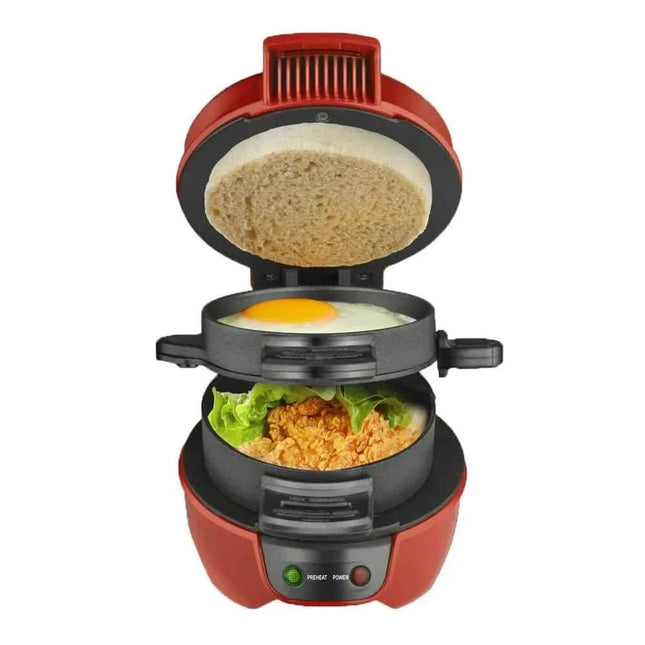 Burger Maker Machine creating a delicious breakfast sandwich with egg, lettuce, and chicken in a vibrant red design.