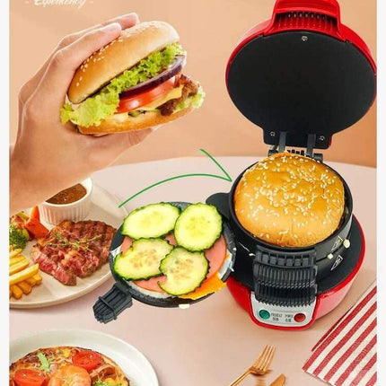 Burger Maker Machine with a packed homemade burger and ingredients, perfect for creating delicious patties.