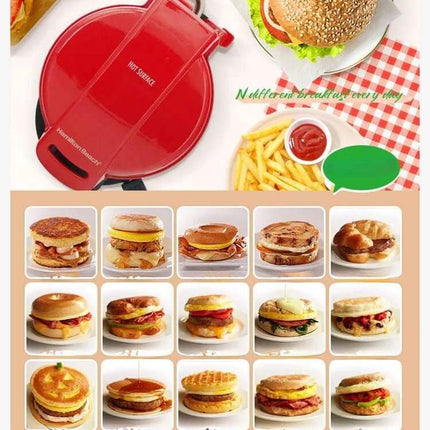 Burger Maker Machine for Perfect Homemade Patties with various breakfast sandwich examples on a checkered tablecloth.