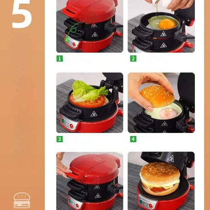 Burger Maker Machine in use, showcasing burger preparation and egg cooking steps for homemade patties.