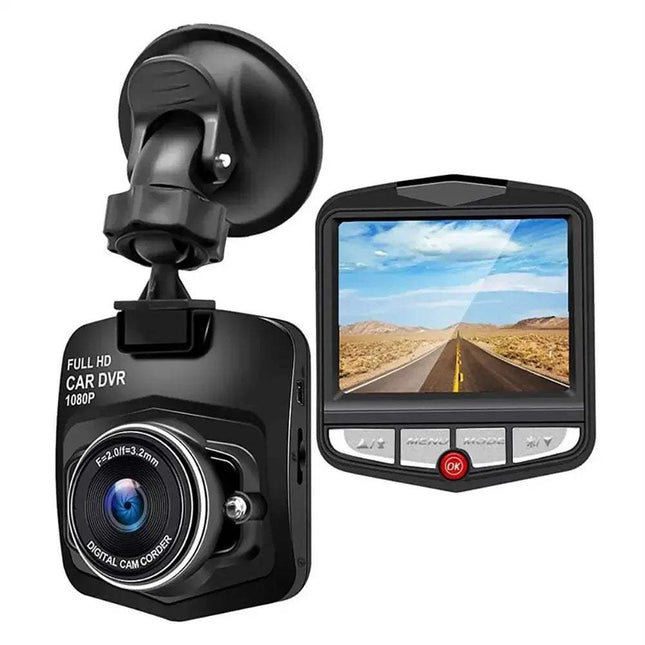 Car DVR Dashcam HD 1080P with Dual Front & Rear Cameras with a suction cup and a small display screen showing a road.