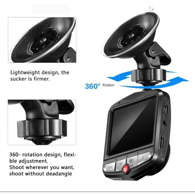 Car DVR Dashcam HD 1080P with 360-degree rotation feature on a white background