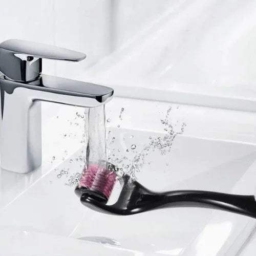 Derma Roller Rejuvenate Skin & Boost Collagen for Youthful Glow  under running water from a silver faucet.