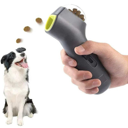 Dog Treat Launcher Interactive Training & Play Toy with a dog and treats on a white background