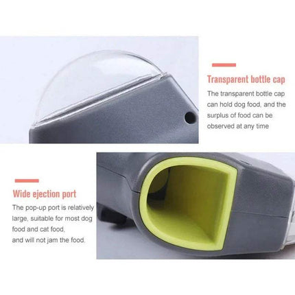 Close-up of a Dog Treat Launcher Interactive Training & Play Toy with transparent bottle cap and wide ejection port on a white background.