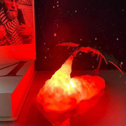Dragon Lamp night light with 3D fire-breath effect, illuminating a cozy space with a magical glow.