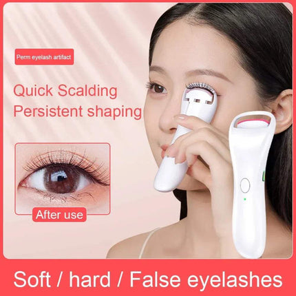 Woman using Electric Adjustable Eyelash Curler with close-up of eyes and text on pink background