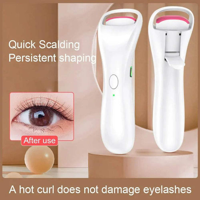 Electric Adjustable Eyelash Curler with text highlighting features and an inset showing eyelashes after use.