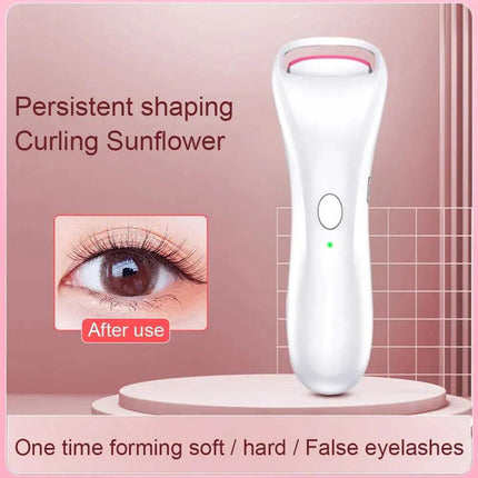 Electric Adjustable Eyelash Curler with before and after effect on an eye, on a pink background.