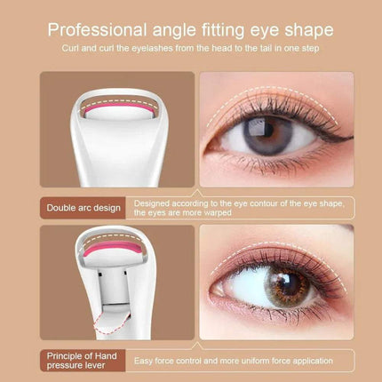 Electric Adjustable Eyelash Curler with close-up of eyes before and after use on a beige background