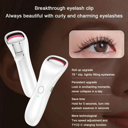 Electric Adjustable Eyelash Curler with close-up of an eye wearing false eyelashes, text highlighting features.