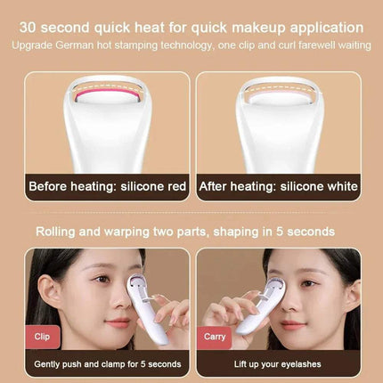 Electric Adjustable Eyelash Curler with heating feature for quick makeup application on a beige background