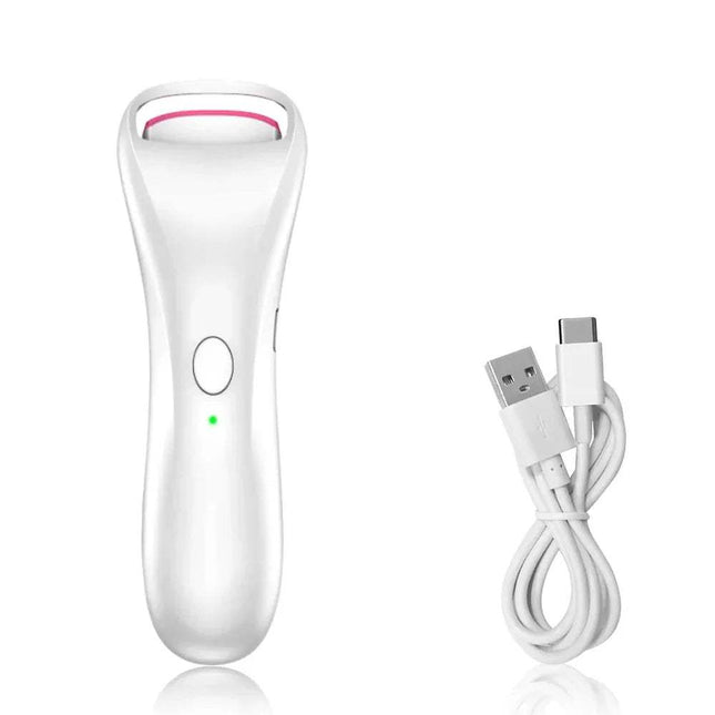 White Electric Adjustable Eyelash Curler with a USB cable on a white background