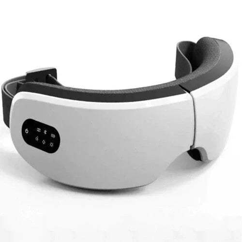 White Electric Eye Massager Heated Eye Therapy for Stress Relief & Relaxation with black control panel on a white background