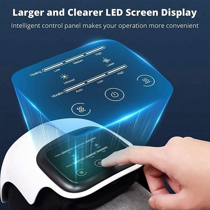 Electric Knee Therapy Device control panel with LED display for heat, vibration, and relaxation settings.