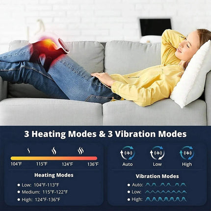 Woman relaxing on a couch using the Electric Knee Therapy Device with heating and vibration modes for pain relief.