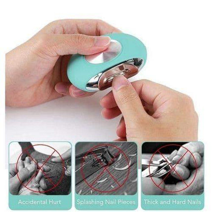 Hand using a turquoise Electric Nail Clipper Safe & Easy Nail Trimming for Infants & Elders with inset images showing its benefits.
