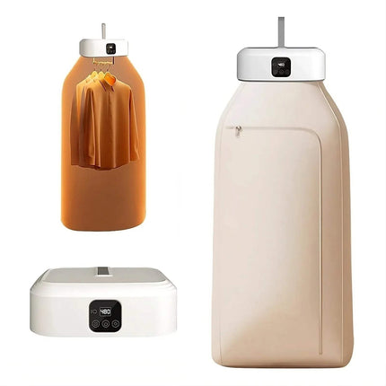 Smart Electric Travel Clothes Dryer Fast, Compact & Portable Drying Solution with hanging clothes and control panel on a white background