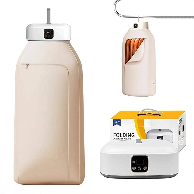 Collage of a Electric Travel Clothes Dryer Fast, Compact & Portable Drying Solution, a folded Electric Travel Clothes Dryer, and its packaging on a white background.