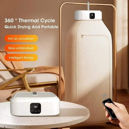 Electric Travel Clothes Dryer with remote control on a table, featuring text about thermal cycle and features.