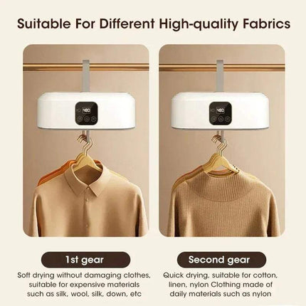 Electric Travel Clothes Dryer on hangers with text indicating different gear settings for fabric types.