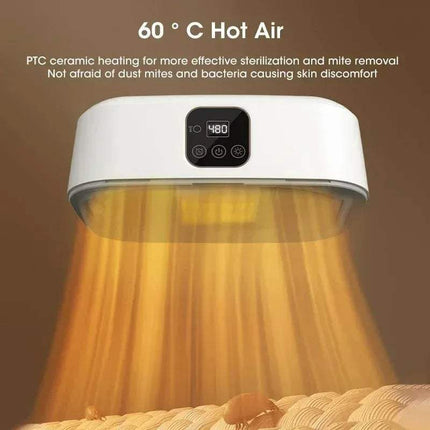 Electric Travel Clothes Dryer showcasing the Hot air sterilizer emitting heat with text about PTC ceramic heating on a brown background