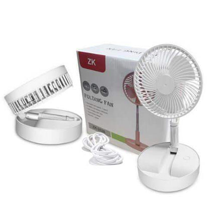White Folding Telescopic Floor Fan with packaging and accessories on a white background