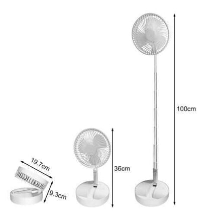Measurement chart of a Folding Telescopic Floor Fan with dimensions labeled.