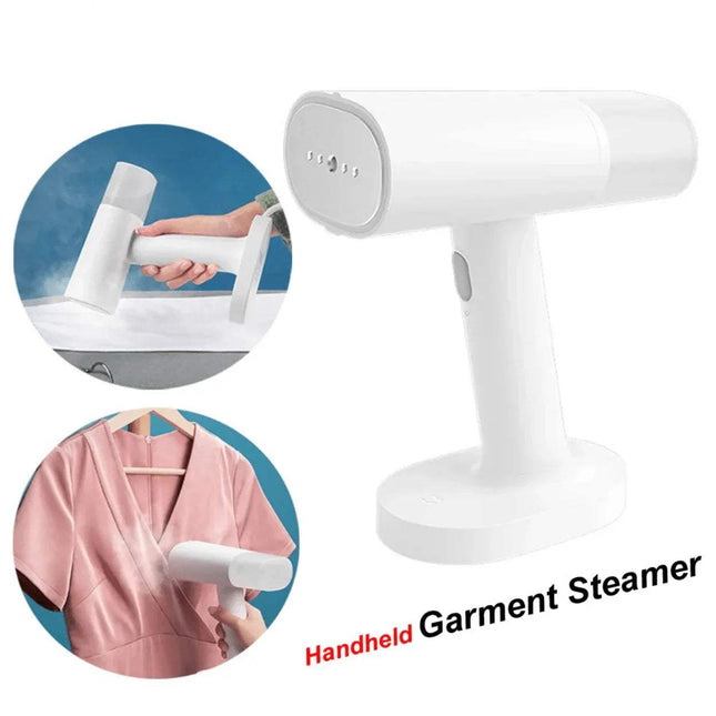 Handheld Garment Steamer with close-up images of use on a white background