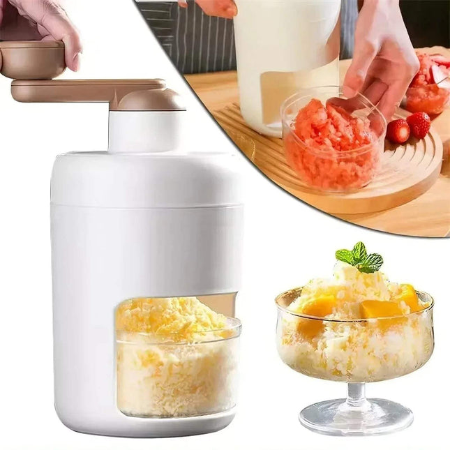 Ice Crusher Slushie Maker transforming ice into fluffy snow for slushies and desserts, featuring a compact hand-crank design.