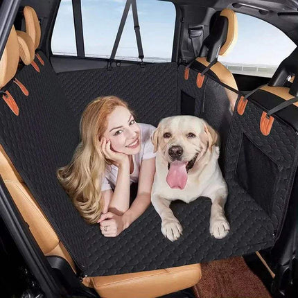 A woman and her dog on an Improved Dog Car Seat Cover for Safe Travel Comfort in a car.