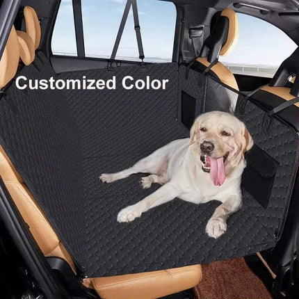 Improved Dog Car Seat Cover featured in car with a happy dog resting on it, showcasing a customized color option.
