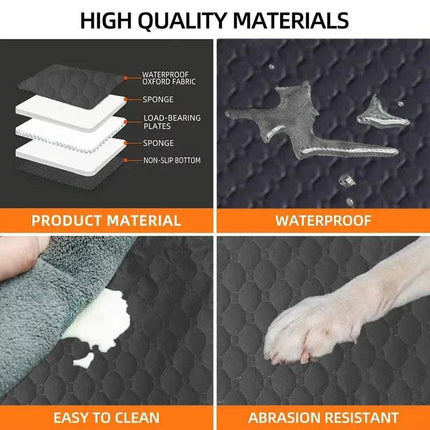 Improved Dog Car Seat Cover showcasing high quality materials, waterproof fabric, easy to clean surface, and abrasion resistance.