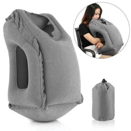 Gray Inflatable Travel Sleeping Cushion with a woman using it in an inset image, and the pillow shown deflated.