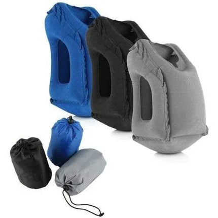 Set of Inflatable Travel Sleeping Cushion in blue, black, and gray with drawstring bags on a white background.