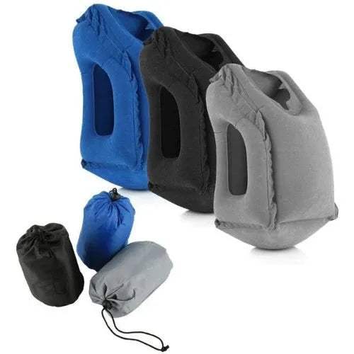 Set of Inflatable Travel Sleeping Cushion in blue, black, and gray with drawstring bags on a white background.