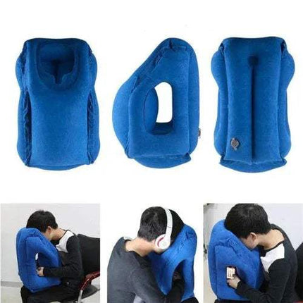 Blue Inflatable Travel Sleeping Cushion shown from multiple angles with people using it.