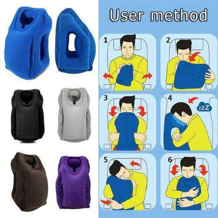 Inflatable Travel Sleeping Cushion with color options and user guide illustrations.