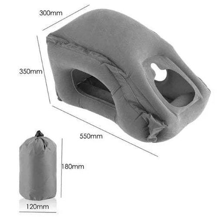 Gray Inflatable Travel Sleeping Cushion with dimensions on a white background