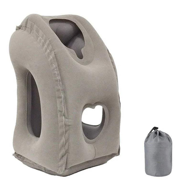 Gray Inflatable Travel Sleeping Cushion Pain-Free Nap Anywhere on the Go with a smaller gray bag on a white background