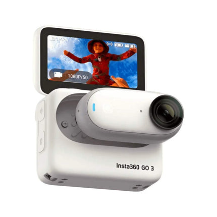 Insta360 NEW GO 3 Tiny Action Camera with screen displaying a video on a white background