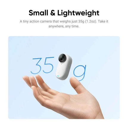 Insta360 NEW GO 3 Tiny Action Camera held in a hand with text indicating its weight and portability.