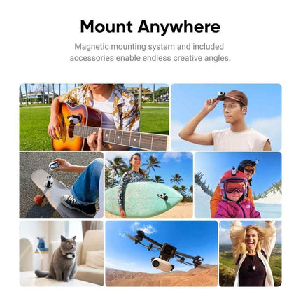 Insta360 NEW GO 3 Tiny Action Camera shown mounted in various creative settings and angles.