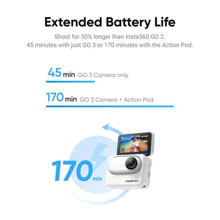 Insta360 NEW GO 3 Tiny Action Camera  with extended battery life features on a white background